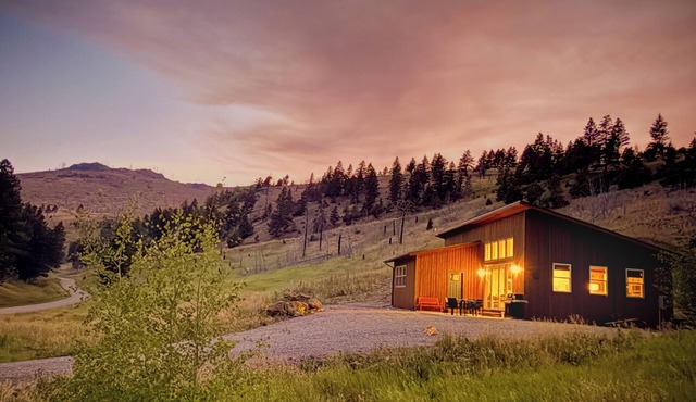 Backroad Cabin cozy, private retreat, fireplace, backyard with fire pit and string lights.