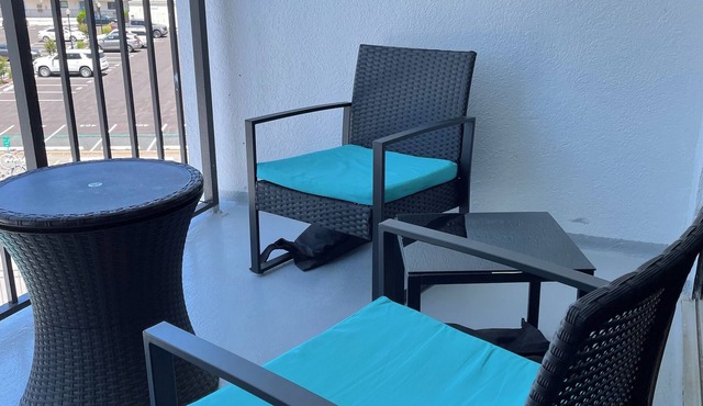 Condo with views of the ocean and just steps from the sand.