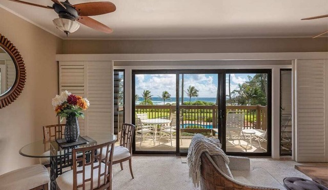 East Kauai w/ocean view lanai, open kitchen, WiFi, ceiling fans, TV, DVD–Kaha Lani 209
