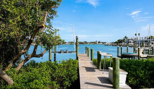 Rare last-minute DISCOUNT in Indian Rocks Beach! Renovated 3BR WATERFRONT single family home with private dock sleeps 8, WALK to the sugar-white sand beach, Includes paddle board, beach chairs, wagon & umbrellas. 3bdrm, 2 bthrm, sleeps up to 8.