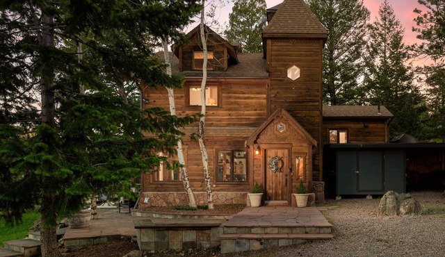 Whimsical Castle Retreat with Sauna, Fireplaces, Forest Setting Near Denver